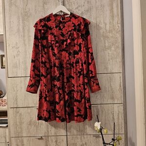 Rebecca Minkoff Floral Red and Black Dress Size S With Ruffles
